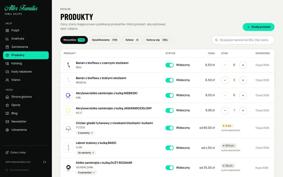 Lista produktów ze stanami i cenami